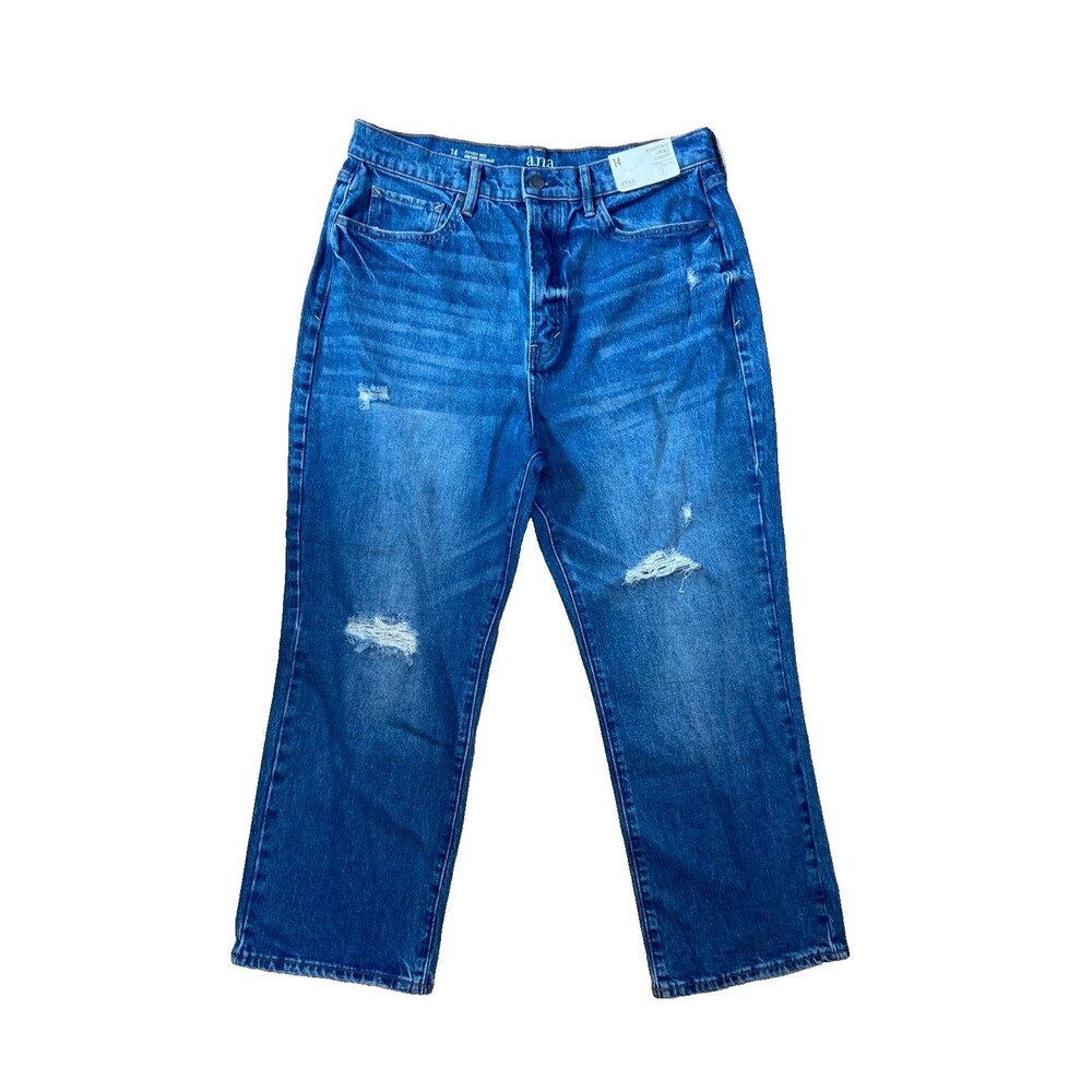 NWT A.N.A Women's Sz 14 Highest-Rise Blue Jeans Vintage Straight Leg Distressed